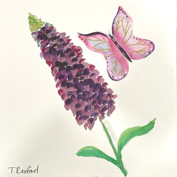 Hand painted watercolor original painting flower butterfly - Picture 1 of 1